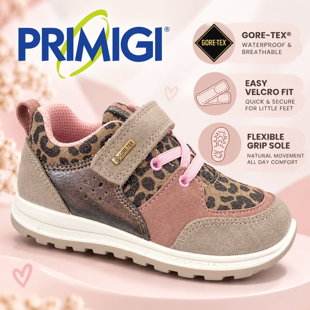 Primigi Tiguan Bungee G GTX girls trainer in beige leopard, style 2355000