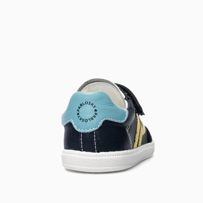 Pablosky velcro trainer navy yellow  - 070420 - Kirbys Footwear Ltd