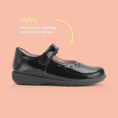 Start-Rite Emily black patent girls’ shoe – angle view