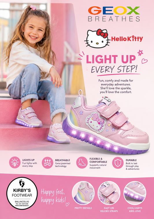 Geox lightyloo velcro pink Hello Kitty lights - Kirbys Footwear Ltd
