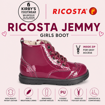 Ricosta Jemmy boot Burgandy patent lace with zip - Kirbys Footwear Ltd