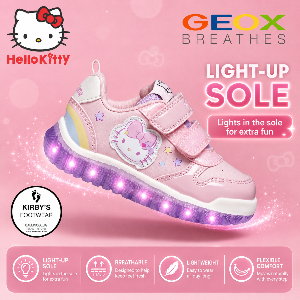 Geox lightyloo velcro pink Hello Kitty lights