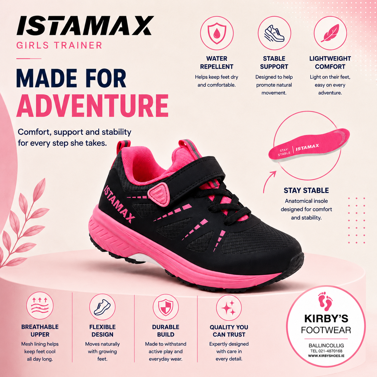 Istamax trainer Black pink - water repellent - Kirbys Footwear Ltd