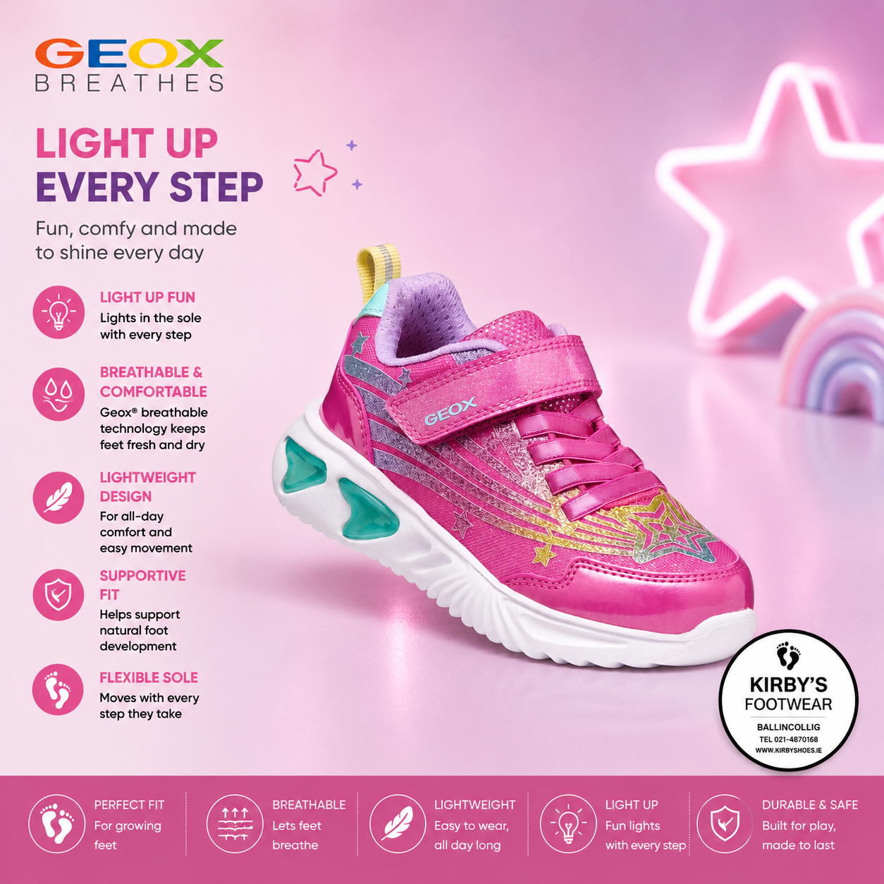 Geox Assister pink lights - Kirbys Footwear Ltd