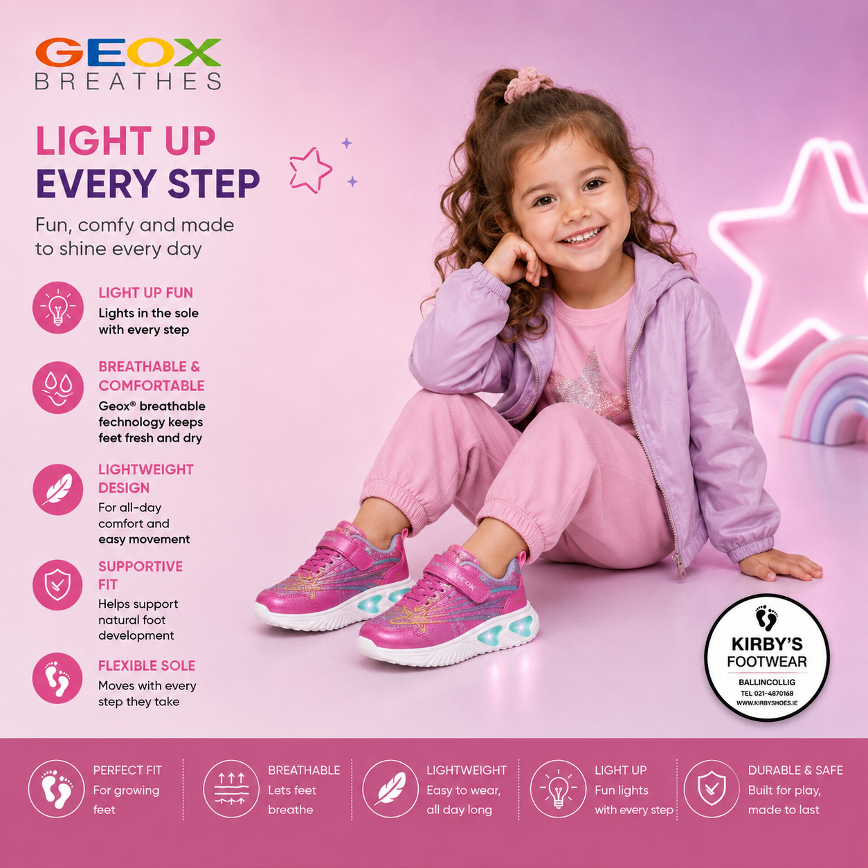 Geox Assister pink lights - Kirbys Footwear Ltd