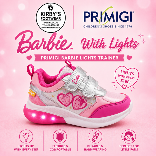 Primigi Barbie trainer lights white pink - Kirbys Footwear Ltd