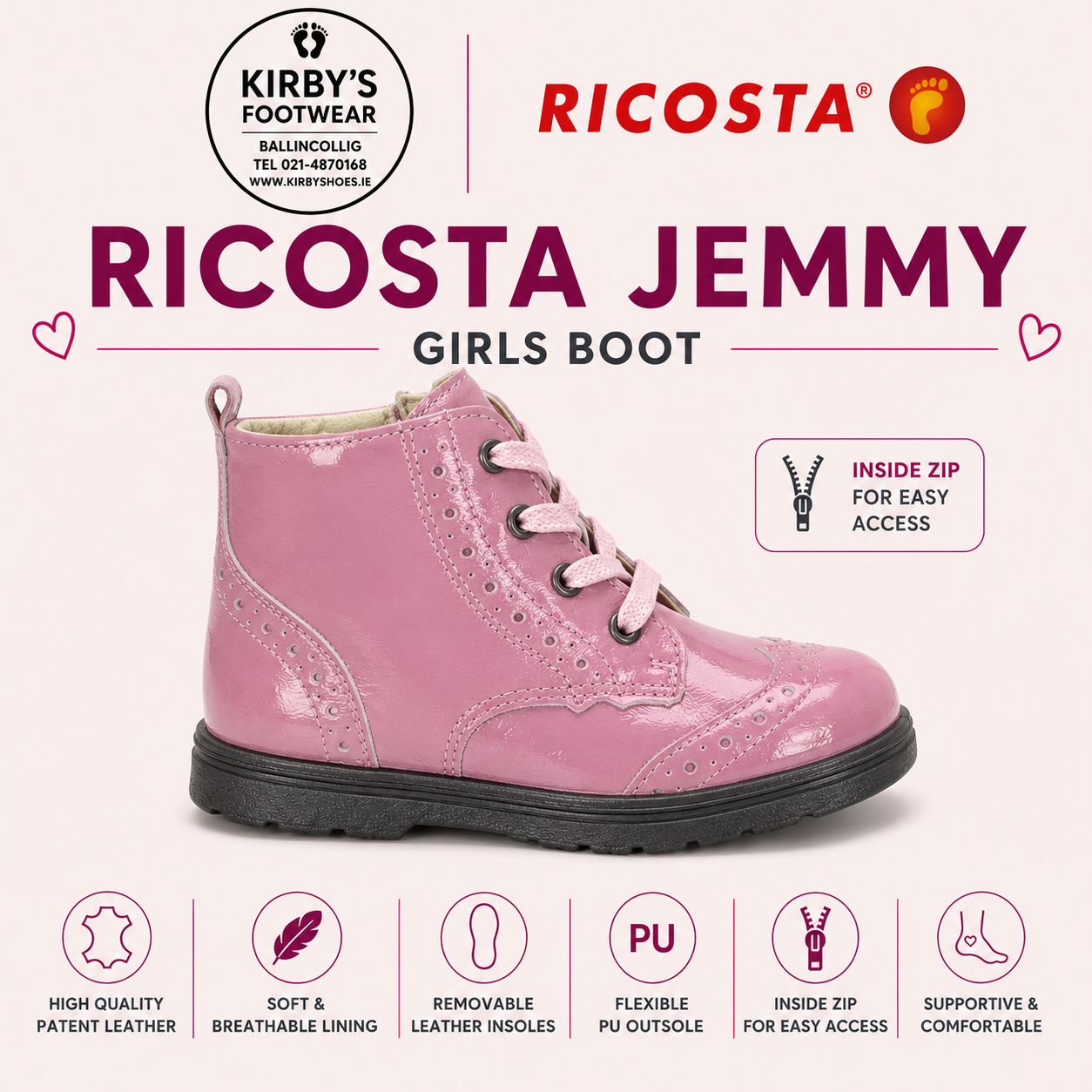 Ricosta Jemmy boot pink patent lace with zip