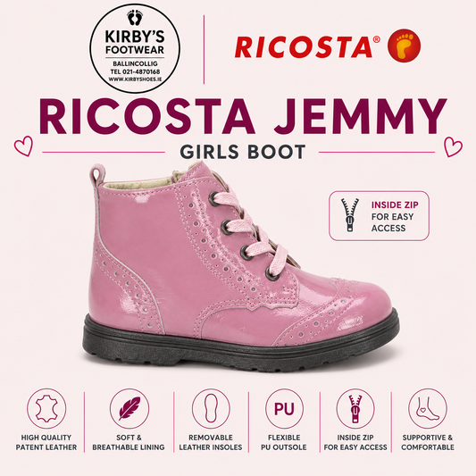 Ricosta Jemmy boot pink patent lace with zip - Kirbys Footwear Ltd