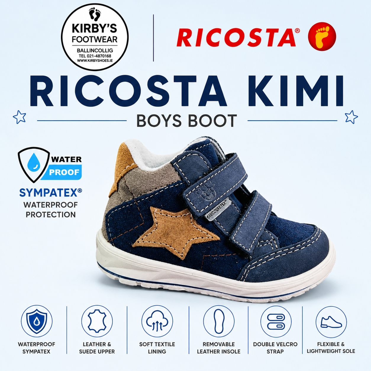 Ricosta Kimi navy velcro boot waterproof - Kirbys Footwear Ltd