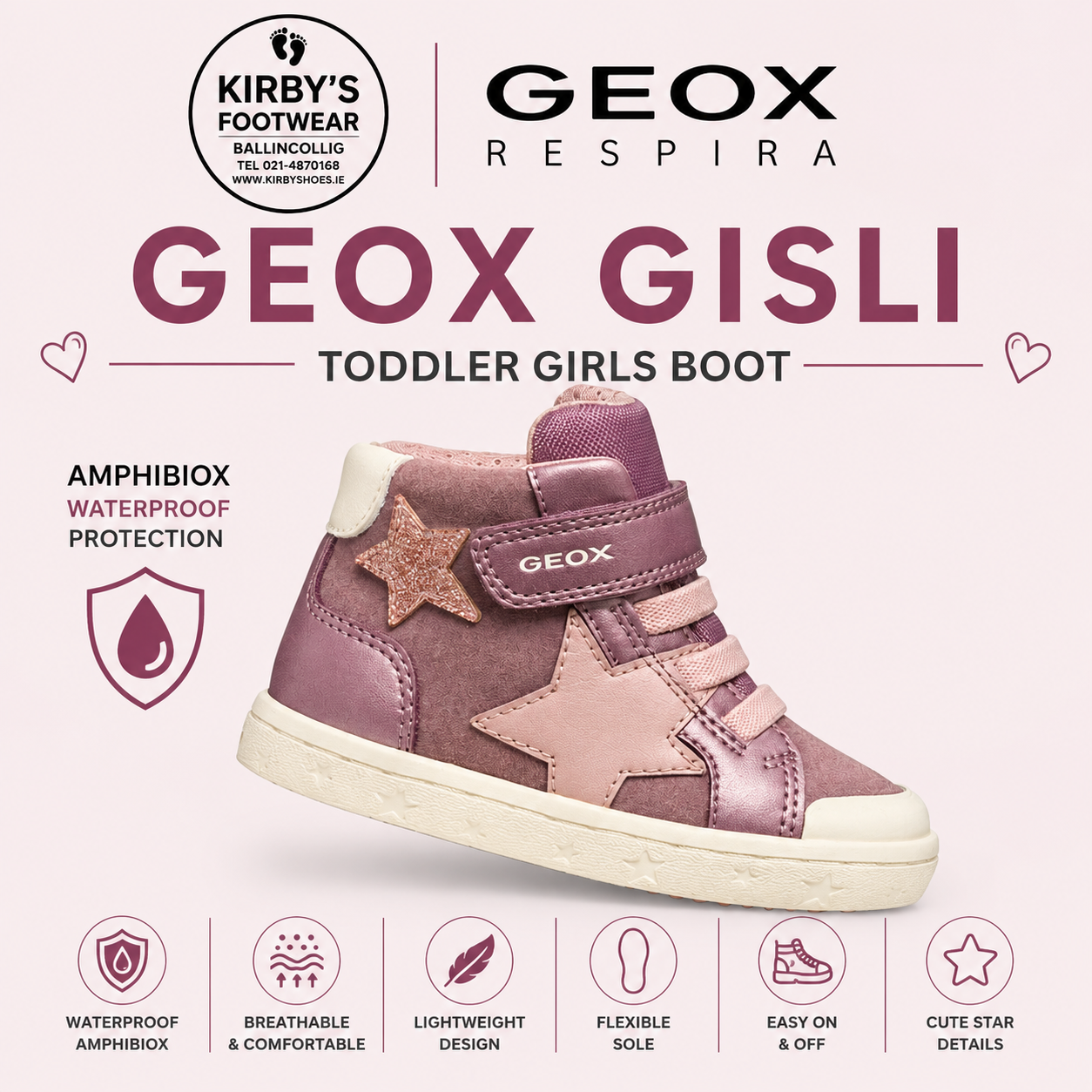 Geox Gisli pink velcro boot
