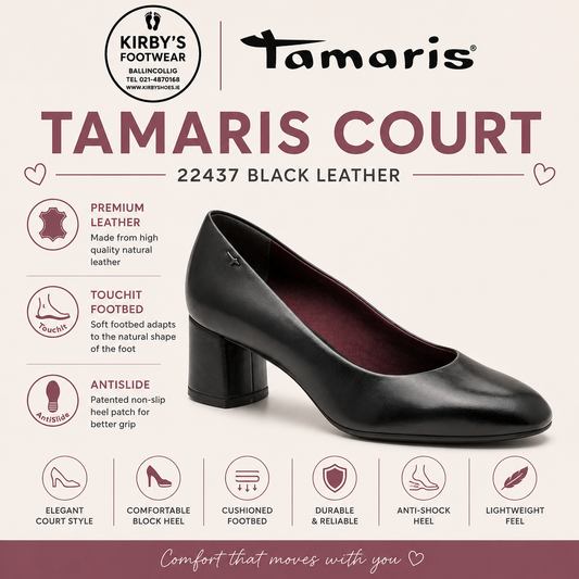 Tamaris court 22437 black leather - Kirbys Footwear Ltd