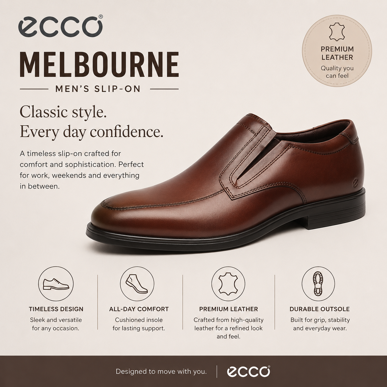Ecco Melbourne - tan leather slip-on
