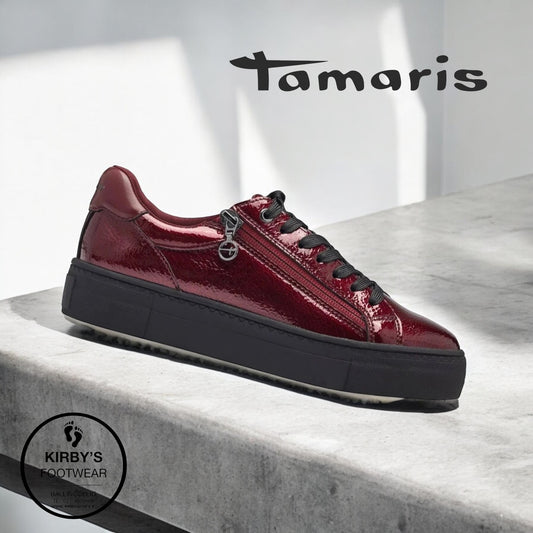 Tamaris lace trainer Bordeaux patent 23313
