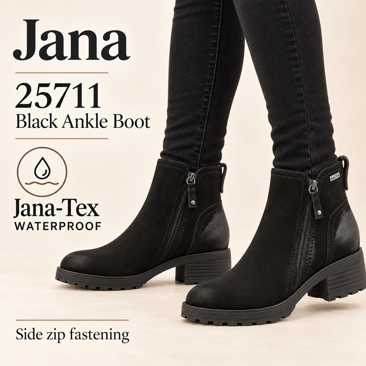 Jana 25711 - Black Nubuk TEX Ankle Boot waterproof