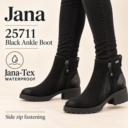 Jana 25711 - Black Nubuk TEX Ankle Boot waterproof