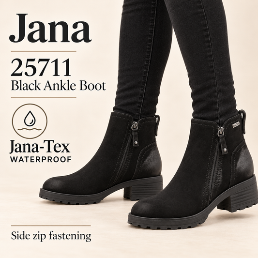 Jana 25711 - Black Nubuk TEX Ankle Boot waterproof