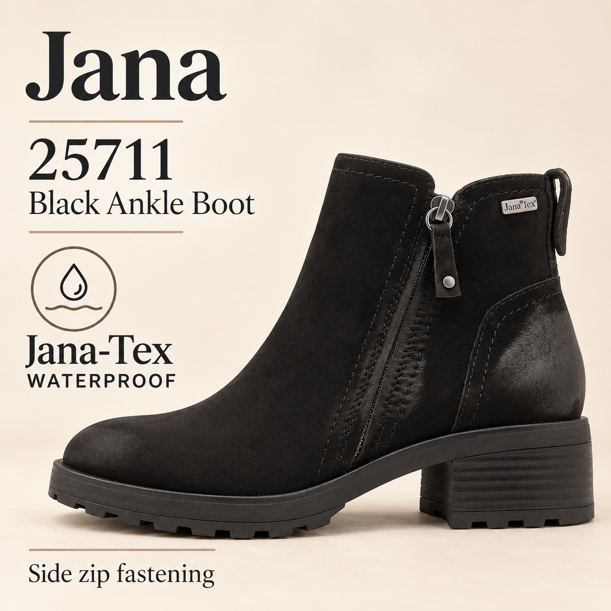 Jana 25711 - Black Nubuk TEX Ankle Boot waterproof