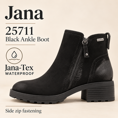 Jana 25711 - Black Nubuk TEX Ankle Boot waterproof
