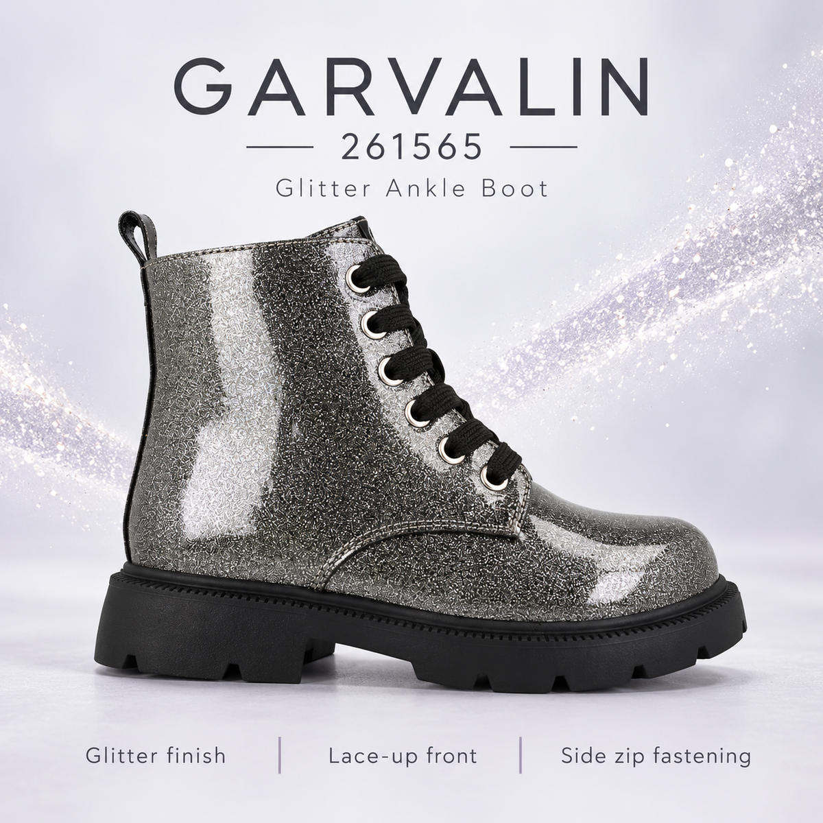 Garvalin 261565 Girls’ Silver Glitter Patent Boots – side view