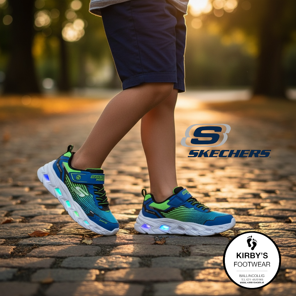 Skechers Vortex 3.0 blue lime lights - Kirbys Footwear Ltd
