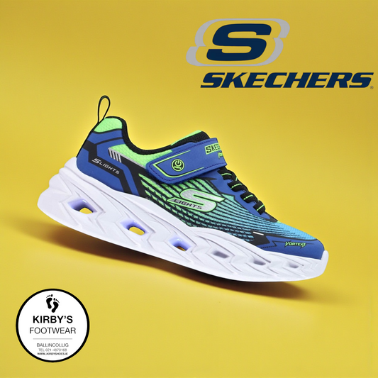 Skechers Vortex 3.0 blue lime lights - Kirbys Footwear Ltd