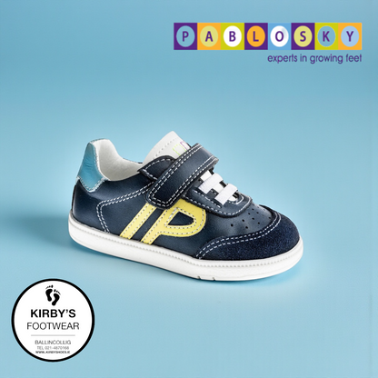 Pablosky velcro trainer navy yellow  - 070420 - Kirbys Footwear Ltd