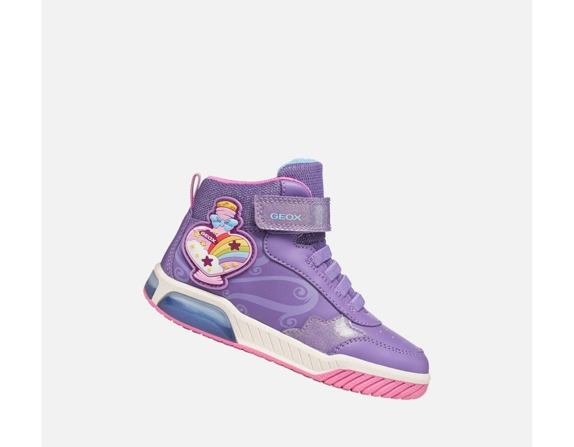 Geox Inek violet pink girls high-top light-up shoe angled side view