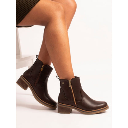 Lunar Heaven brown ankle boots worn on model