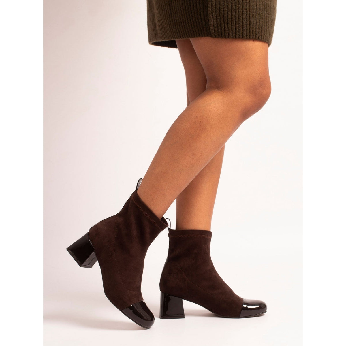 Lunar Myra dark brown ankle boots on model