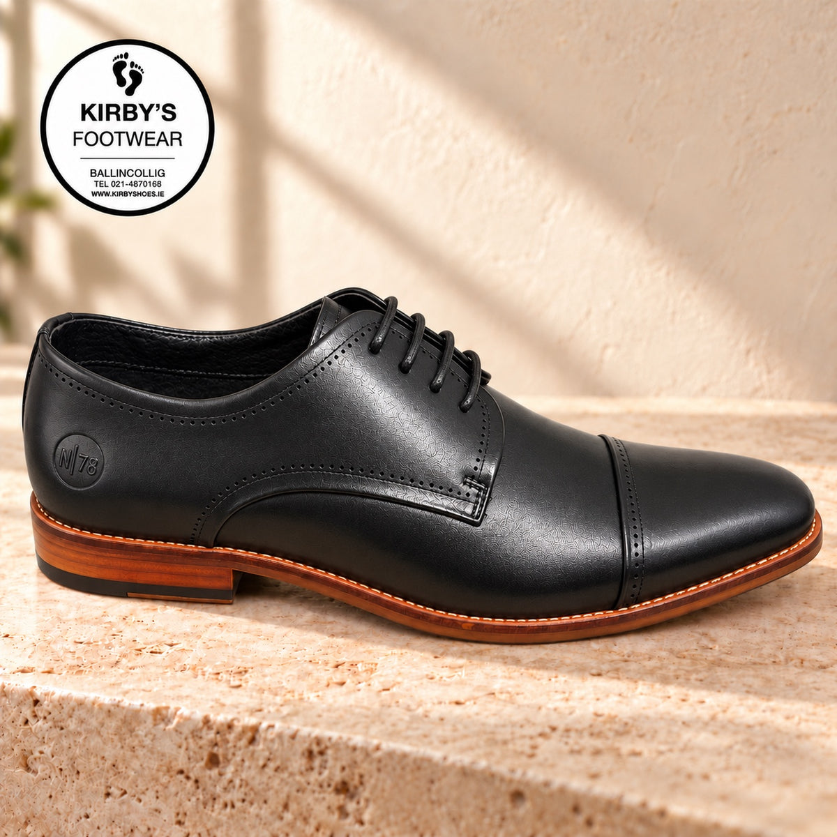 NINETY78 men's black leather toe cap shoe