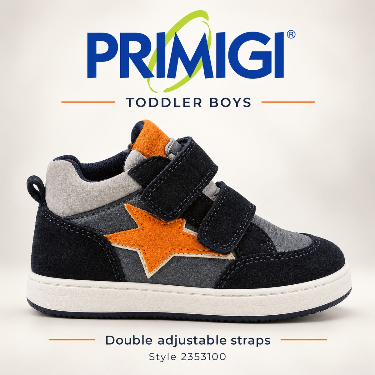 Primigi 2353100 toddler boys navy grey orange double strap trainer