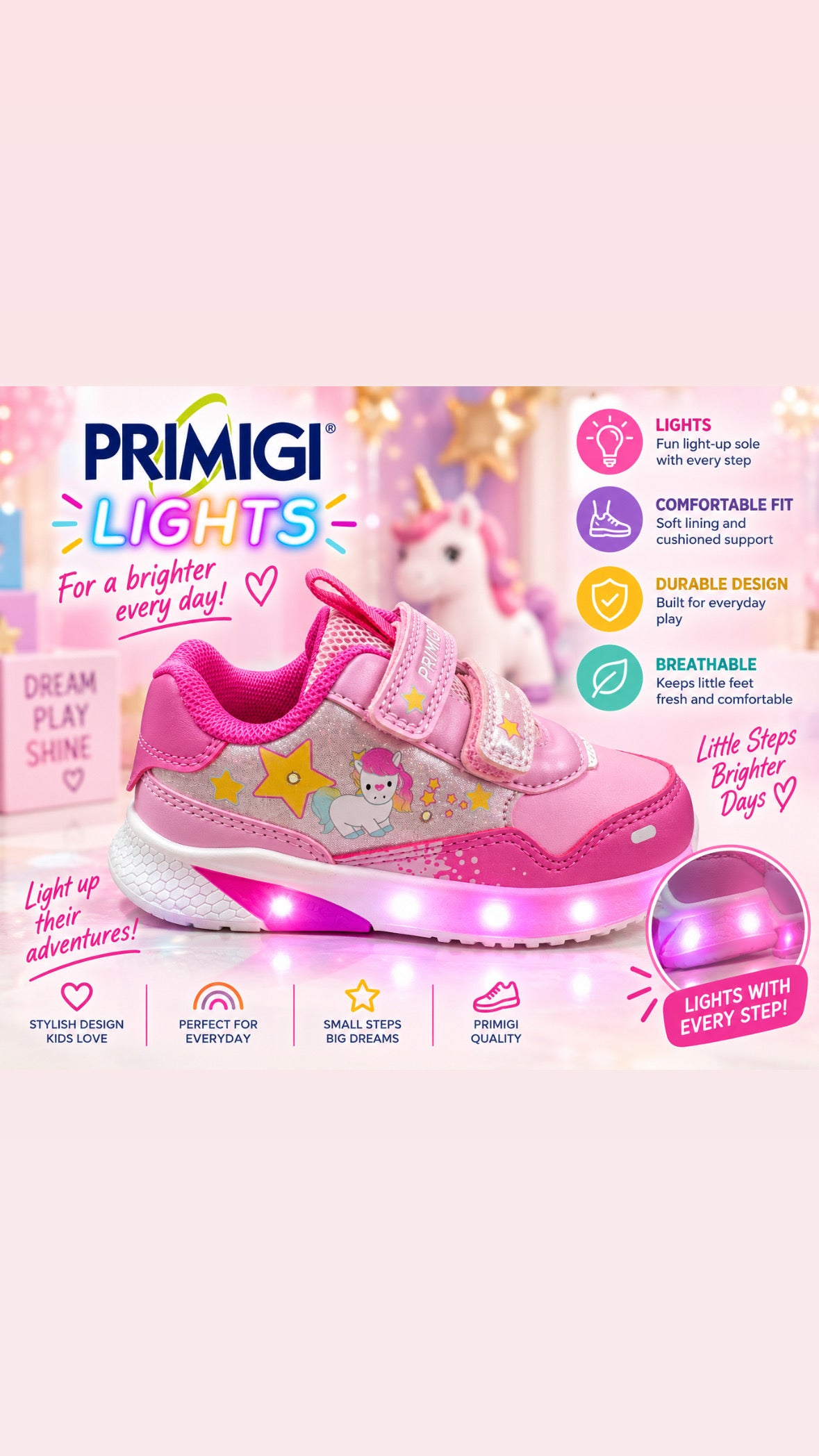 Primigi girls pink unicorn light-up trainer