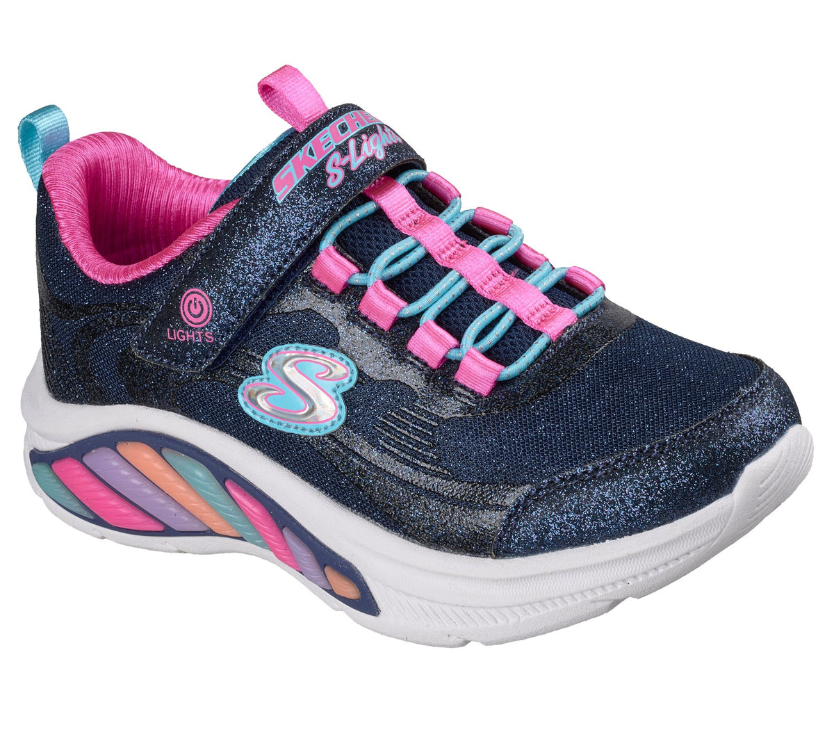 Skechers Rainbow Cruisers Glitzy Glow navy multi girls light-up trainer