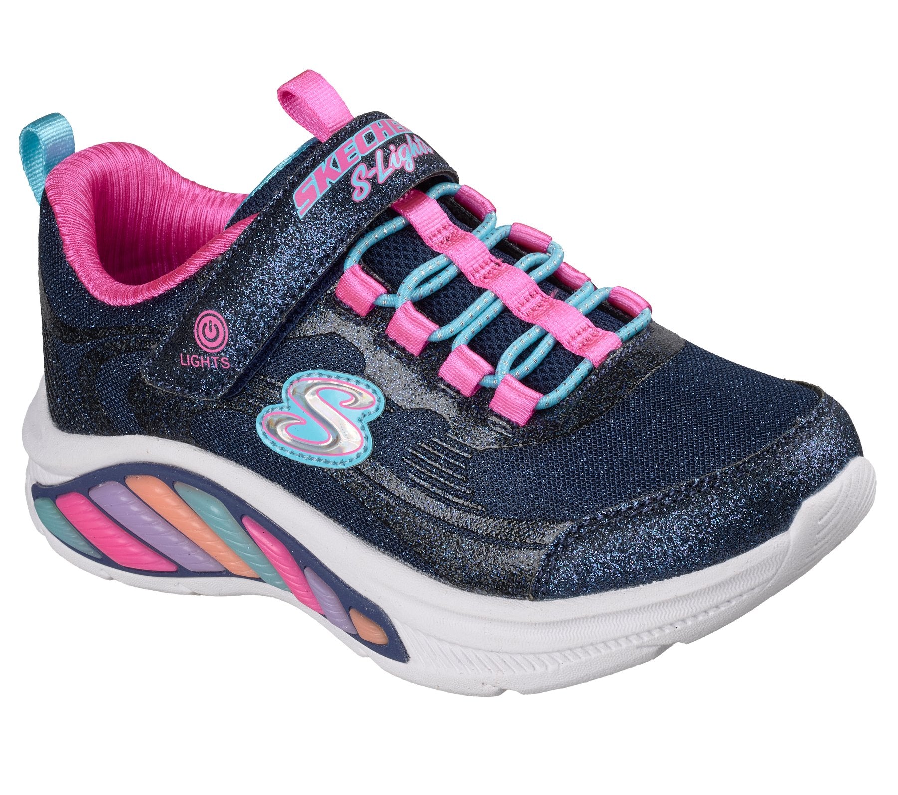 Skechers Rainbow Cruisers Glitzy Glow navy multi girls light-up trainer